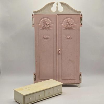 LOT 104B: Barbie Armoire, Drawer, Furniture, and Barbie, Skipper, Ken, & Allan Clothing and Accessories