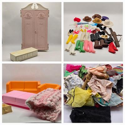 LOT 104B: Barbie Armoire, Drawer, Furniture, and Barbie, Skipper, Ken, & Allan Clothing and Accessories