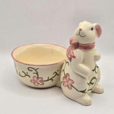 LOT 105B: Just in Time For Easter Brunch. Beaded Rimmed Deviled Egg Plate, Bunny Bowl, Cups and Saucers, and More