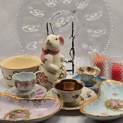 LOT 105B: Just in Time For Easter Brunch. Beaded Rimmed Deviled Egg Plate, Bunny Bowl, Cups and Saucers, and More