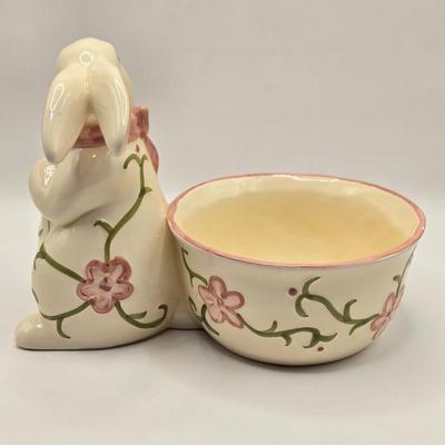 LOT 105B: Just in Time For Easter Brunch. Beaded Rimmed Deviled Egg Plate, Bunny Bowl, Cups and Saucers, and More