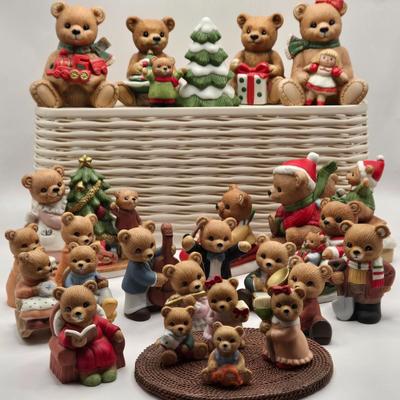 LOT 108K: Large Collection of Homco Christmas Bears Including Grandma & Grandpa in Rocking Chairs, Cubs Sledding, and Many More