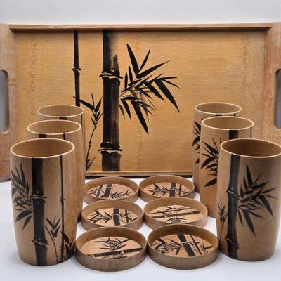 LOT 111K: Vintage Bamboo Drinkware Set Including Tray, 6 Cups, and 6 Coasters