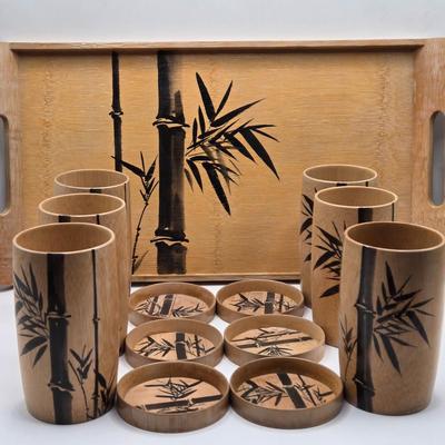 LOT 111K: Vintage Bamboo Drinkware Set Including Tray, 6 Cups, and 6 Coasters