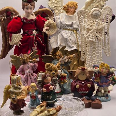 LOT 113K: Angels Are Among Us! Christmas Angel Tree Toppers, Figurines, Ornaments, and Small Serving Plate