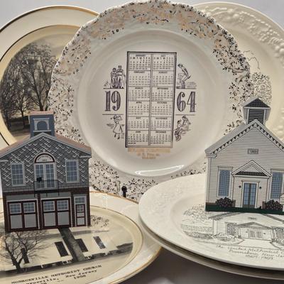 LOT 131K: Local Church Plates, Holmes Furniture Plate, and The Cat's Meow Wooden Buildings