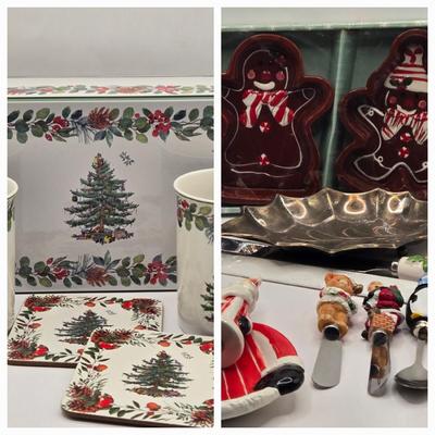 LOT 132K: Spode Set of Cookie Tin, 2 Cups and Coasters, 2 Pack of Ceramic Ramekins, Silver Plated Holly Leaf Candy Dish, and More