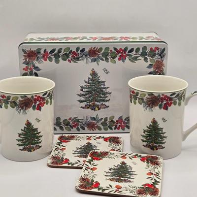 LOT 132K: Spode Set of Cookie Tin, 2 Cups and Coasters, 2 Pack of Ceramic Ramekins, Silver Plated Holly Leaf Candy Dish, and More