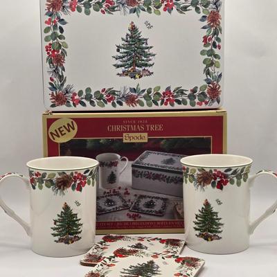 LOT 132K: Spode Set of Cookie Tin, 2 Cups and Coasters, 2 Pack of Ceramic Ramekins, Silver Plated Holly Leaf Candy Dish, and More