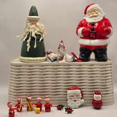 LOT 133K: Plastic Santa, Green Wooden Santa, Set of Coke-a-Cola Bears, Small Plastic Santas Playing Instruments, Clip on Holly Earrings,...
