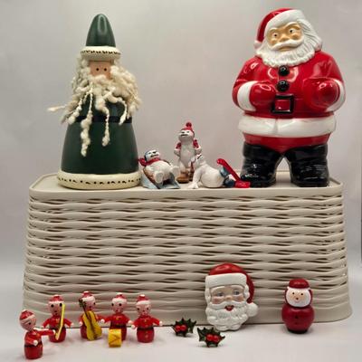LOT 133K: Plastic Santa, Green Wooden Santa, Set of Coke-a-Cola Bears, Small Plastic Santas Playing Instruments, Clip on Holly Earrings,...