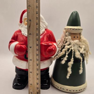 LOT 133K: Plastic Santa, Green Wooden Santa, Set of Coke-a-Cola Bears, Small Plastic Santas Playing Instruments, Clip on Holly Earrings,...