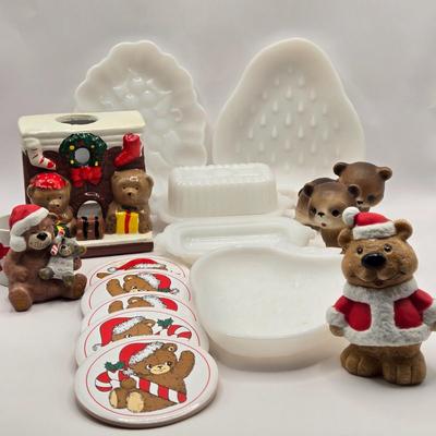 LOT 136K: Have a Very Beary Christmas! Bear Candle Holders, Salt & Pepper Shakers, Coasters, and White Milk Glass Grape Cluster...