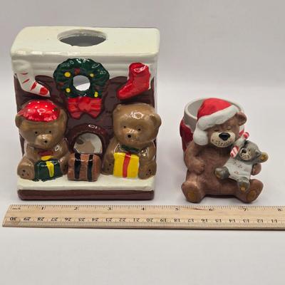 LOT 136K: Have a Very Beary Christmas! Bear Candle Holders, Salt & Pepper Shakers, Coasters, and White Milk Glass Grape Cluster...