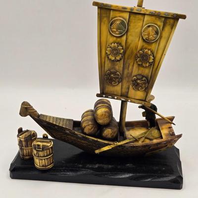 LOT 138K: Vintage Asian Celluloid Clamshell Dioramas and Boat, Lantern, Beer Stein From Okinawa, Hand Fan, Wooden Box, and Tales of the...