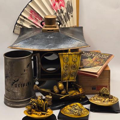 LOT 138K: Vintage Asian Celluloid Clamshell Dioramas and Boat, Lantern, Beer Stein From Okinawa, Hand Fan, Wooden Box, and Tales of the...
