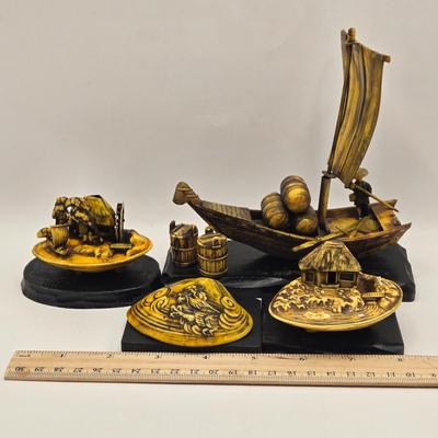 LOT 138K: Vintage Asian Celluloid Clamshell Dioramas and Boat, Lantern, Beer Stein From Okinawa, Hand Fan, Wooden Box, and Tales of the...