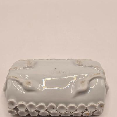 LOT 141K: Antique Pink Milk Glass Syrup Pitcher, Glass Fish Candy/ Succulent Plant Container, Antique Porcelain Lidded Box, Small Lidded...