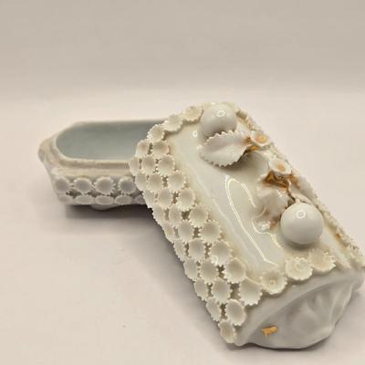 LOT 141K: Antique Pink Milk Glass Syrup Pitcher, Glass Fish Candy/ Succulent Plant Container, Antique Porcelain Lidded Box, Small Lidded...