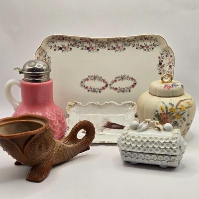 LOT 141K: Antique Pink Milk Glass Syrup Pitcher, Glass Fish Candy/ Succulent Plant Container, Antique Porcelain Lidded Box, Small Lidded...