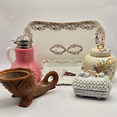 LOT 141K: Antique Pink Milk Glass Syrup Pitcher, Glass Fish Candy/ Succulent Plant Container, Antique Porcelain Lidded Box, Small Lidded...