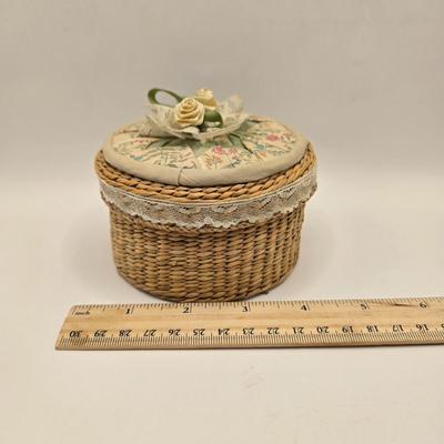 LOT 142K: Button Books For Collectors, Box of Hand Made Doilies with Thread, Small Basket of Pins and More, and Cookie Tin filled with...