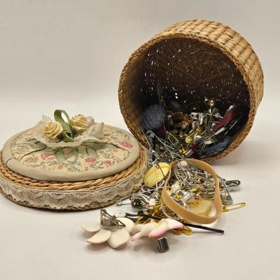 LOT 142K: Button Books For Collectors, Box of Hand Made Doilies with Thread, Small Basket of Pins and More, and Cookie Tin filled with...