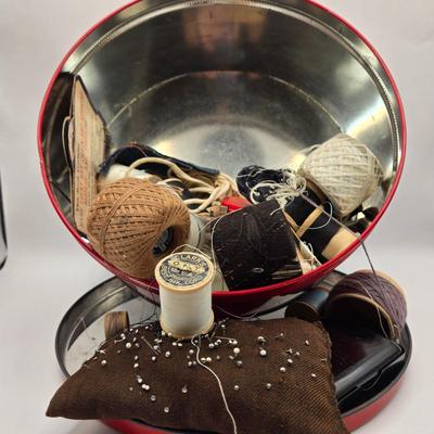 LOT 142K: Button Books For Collectors, Box of Hand Made Doilies with Thread, Small Basket of Pins and More, and Cookie Tin filled with...