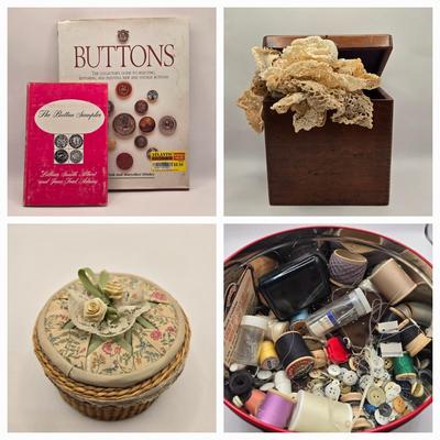 LOT 142K: Button Books For Collectors, Box of Hand Made Doilies with Thread, Small Basket of Pins and More, and Cookie Tin filled with...