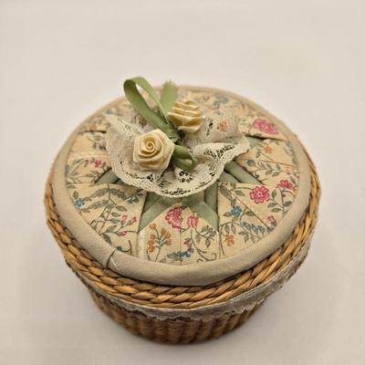 LOT 142K: Button Books For Collectors, Box of Hand Made Doilies with Thread, Small Basket of Pins and More, and Cookie Tin filled with...