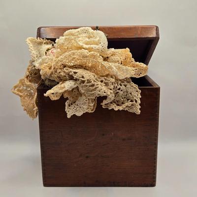 LOT 142K: Button Books For Collectors, Box of Hand Made Doilies with Thread, Small Basket of Pins and More, and Cookie Tin filled with...