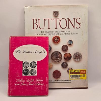 LOT 142K: Button Books For Collectors, Box of Hand Made Doilies with Thread, Small Basket of Pins and More, and Cookie Tin filled with...