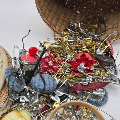 LOT 142K: Button Books For Collectors, Box of Hand Made Doilies with Thread, Small Basket of Pins and More, and Cookie Tin filled with...