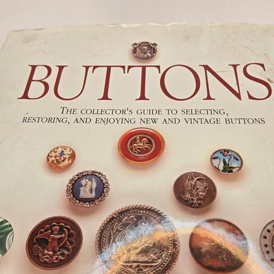 LOT 142K: Button Books For Collectors, Box of Hand Made Doilies with Thread, Small Basket of Pins and More, and Cookie Tin filled with...