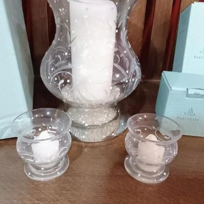 PARTYLITE HURRICANE AND 2 VOTIVE CANDLE HOLDERS
