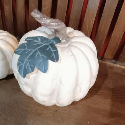 2 TERRA COTTA PUMPKINS WITH TIN LEAVES