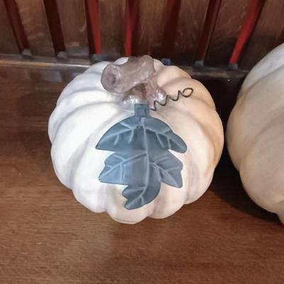 2 TERRA COTTA PUMPKINS WITH TIN LEAVES