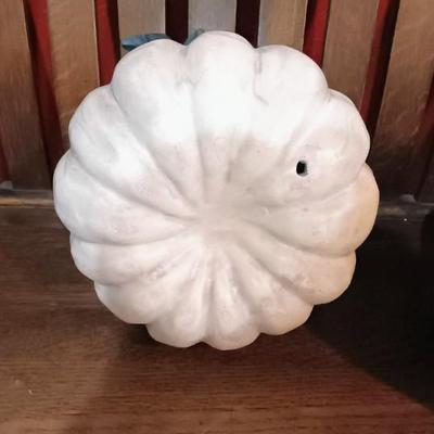 2 TERRA COTTA PUMPKINS WITH TIN LEAVES