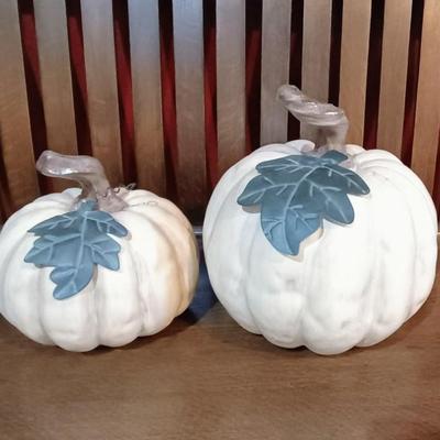 2 TERRA COTTA PUMPKINS WITH TIN LEAVES