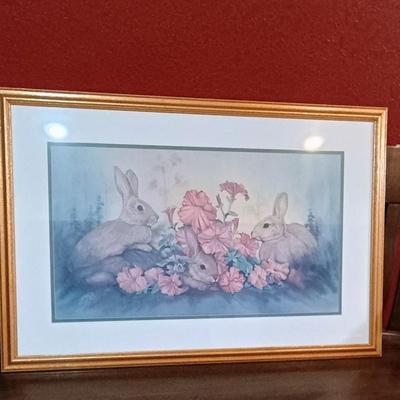 LARGE PICTURE OF 2 RABBITS, BASKET OF EGGS AND A VASE OF SILK TULIPS