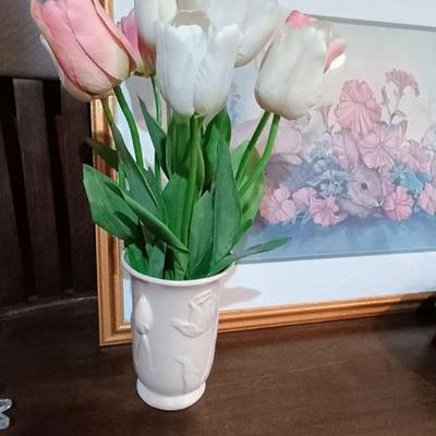 LARGE PICTURE OF 2 RABBITS, BASKET OF EGGS AND A VASE OF SILK TULIPS