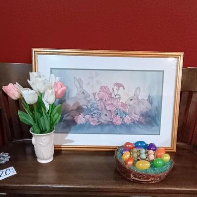 LARGE PICTURE OF 2 RABBITS, BASKET OF EGGS AND A VASE OF SILK TULIPS