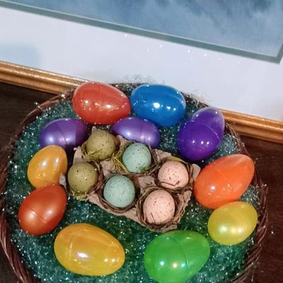 LARGE PICTURE OF 2 RABBITS, BASKET OF EGGS AND A VASE OF SILK TULIPS