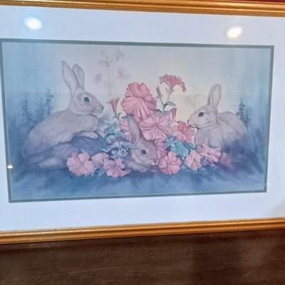 LARGE PICTURE OF 2 RABBITS, BASKET OF EGGS AND A VASE OF SILK TULIPS