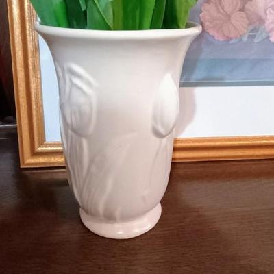 LARGE PICTURE OF 2 RABBITS, BASKET OF EGGS AND A VASE OF SILK TULIPS