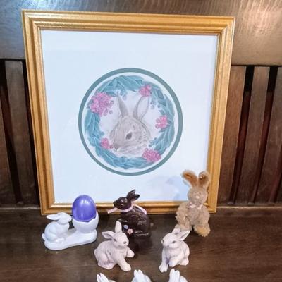 3 GOEBEL RABBITS AMONG A VARIETY OF OTHER EASTER DECOR