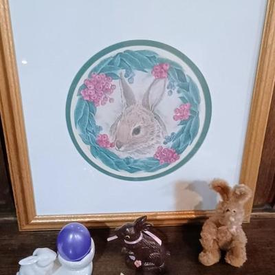 3 GOEBEL RABBITS AMONG A VARIETY OF OTHER EASTER DECOR