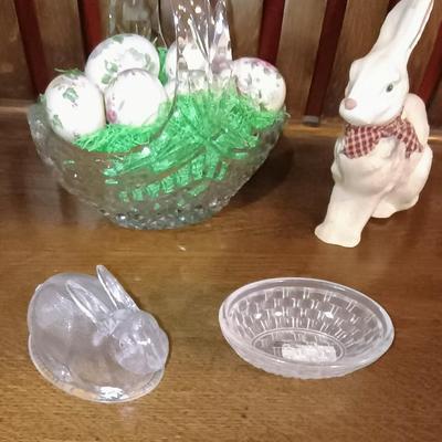 GLASS BASKET FILLED WITH HAND PAINTED CERAMIC EGGS