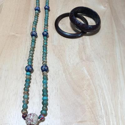 Stone beaded necklace with trade beads and two wooden bangle bracelets