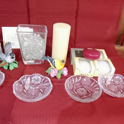 2 LENOX BIRDS, CANDLES, VASES AND CRYSTAL DISHES